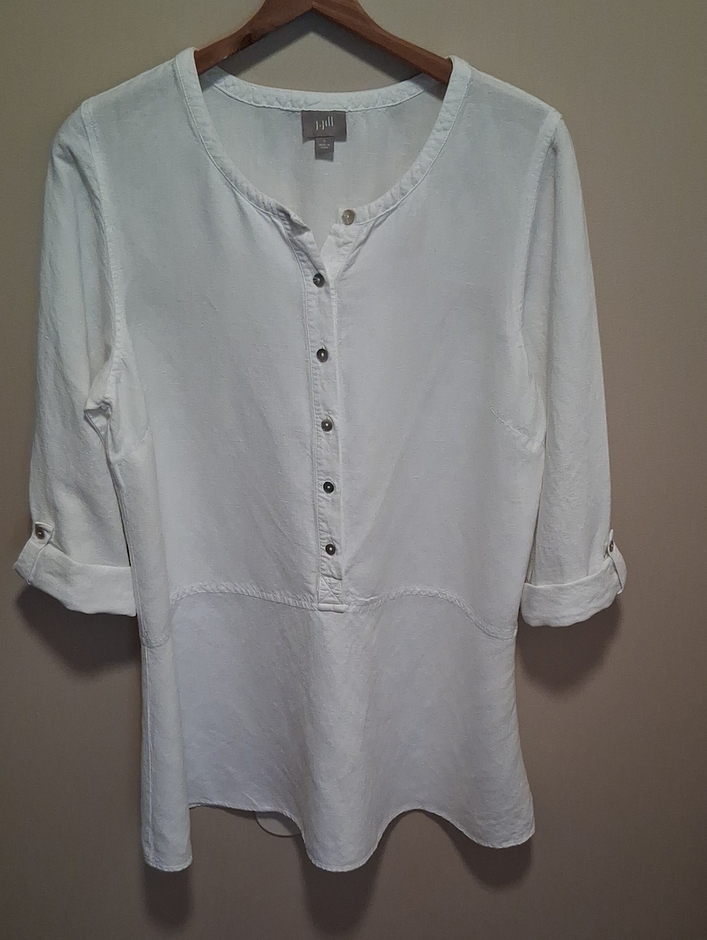 J. Jill Linen Blend White Button-Front Peasant Blouse Tunic Top Tall Long Tunic